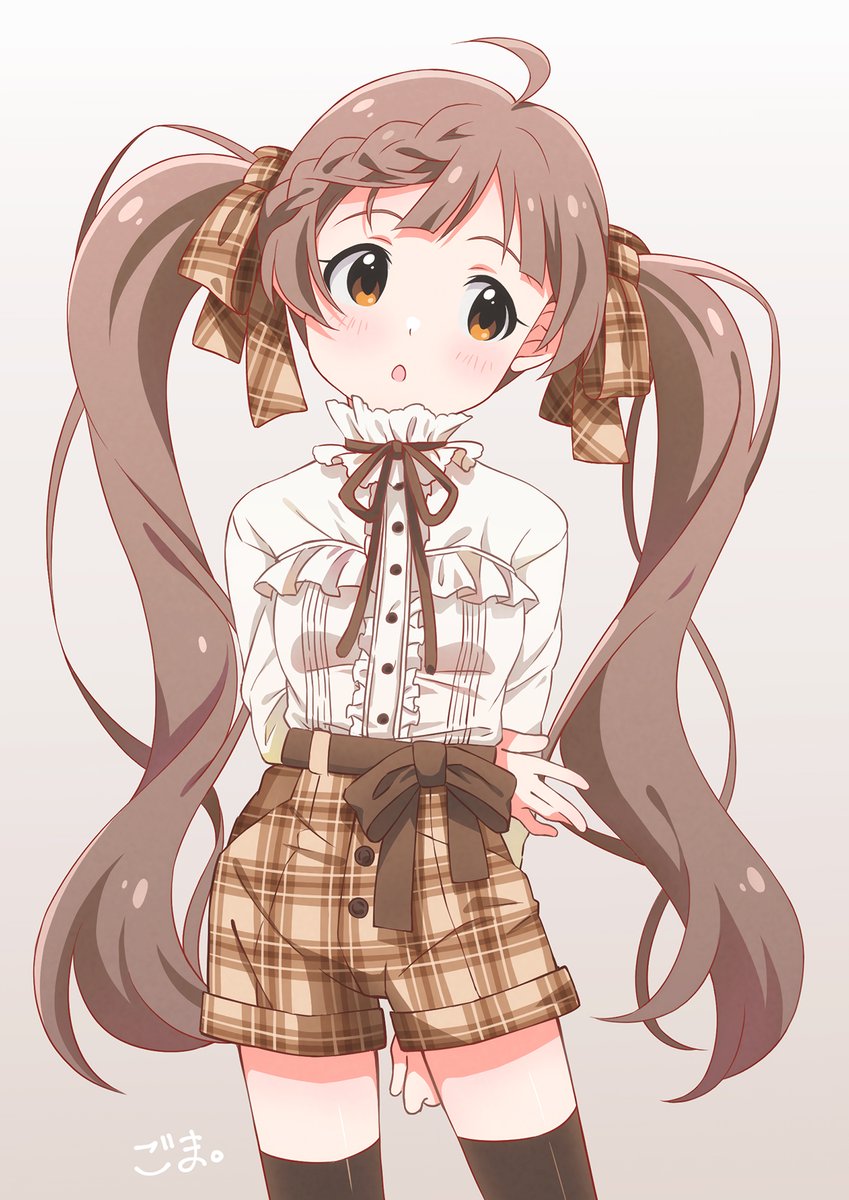 1girl ahoge arms_behind_back artist_name blush bow braid brown_eyes brown_hair dress frilled_dress frills goma_konbu grey_background hair_ribbon hakozaki_serika highres idolmaster idolmaster_million_live! idolmaster_million_live!_theater_days kneehighs long_hair looking_away open_mouth plaid plaid_ribbon plaid_shorts ribbon shorts simple_background single_braid socks solo thigh-highs twintails very_long_hair waist_bow