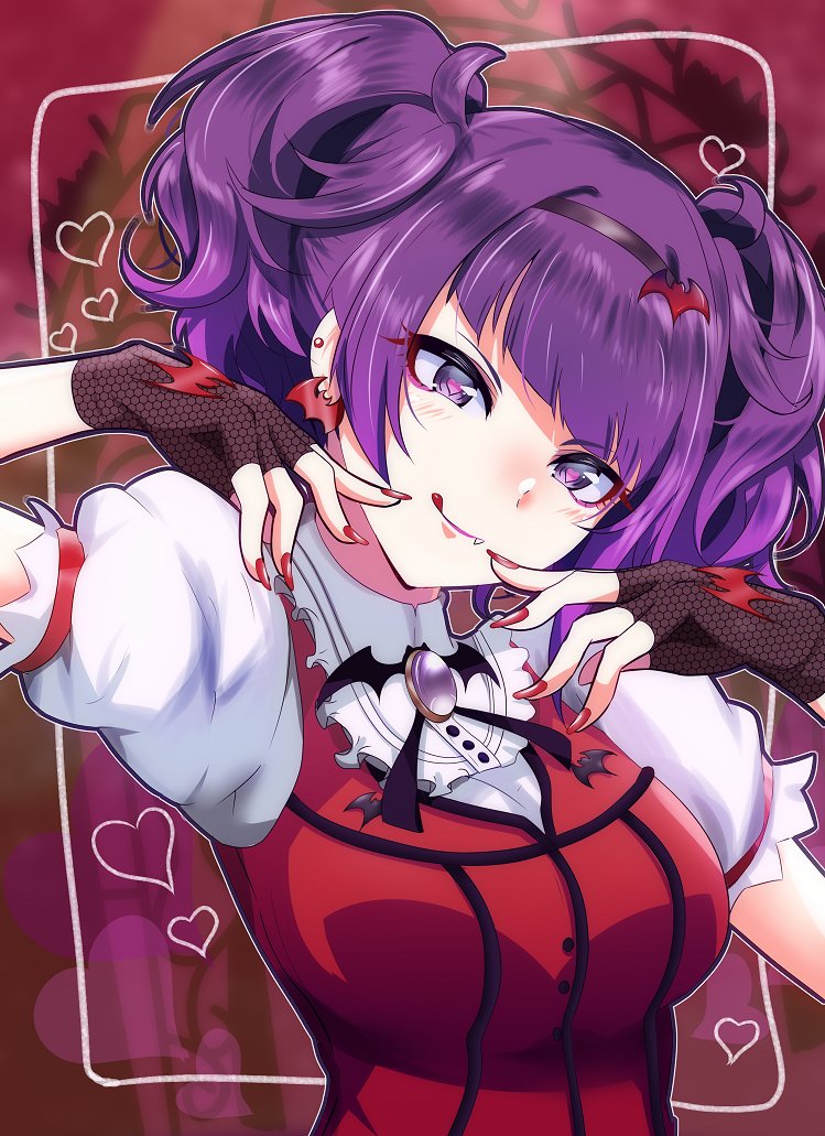 1girl :q arch bat_earrings bat_hair_ornament bat_ornament brooch diagonal_bangs dress earrings fang fingerless_gloves gloves grid_background hair_ornament hairband hands_up heart heart_in_eye idolmaster idolmaster_shiny_colors jewelry looking_at_viewer my_dear_vampire_(idolmaster) nail_polish piercing purple_hair red_dress red_nails short_sleeves solo symbol_in_eye takesyun tanaka_mamimi tongue tongue_out twintails violet_eyes