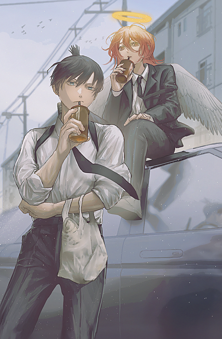 2boys angel angel_devil_(chainsaw_man) black_hair black_jacket black_necktie black_pants blue_eyes car chainsaw_man drinking_straw feathered_wings formal hair_between_eyes halo hayakawa_aki jacket medium_hair motor_vehicle multiple_boys necktie pants redhead ringed_eyes shirt shirt_tucked_in sitting_on_car suit_jacket topknot white_shirt white_wings wings yellow_eyes yorunue_ro