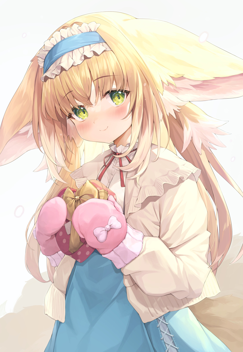 1girl animal_ears arknights blonde_hair blue_hairband blue_skirt blush box closed_mouth commentary fox_ears fox_girl fox_tail frilled_hairband frills gedou_(shigure_seishin) gift gift_box gradient_background green_eyes grey_background grey_jacket hairband heart-shaped_box high-waist_skirt highres holding holding_gift jacket kitsune long_hair neck_ribbon open_clothes open_jacket red_ribbon revision ribbon shirt skirt smile solo suzuran_(arknights) suzuran_(spring_praise)_(arknights) tail valentine very_long_hair white_background white_shirt