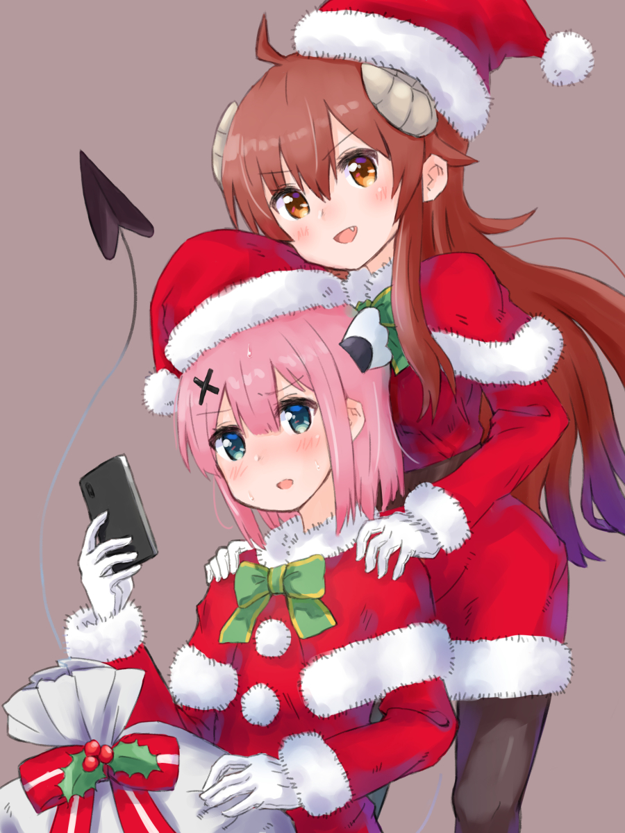 2girls blue_eyes blush bow brown_eyes brown_hair capelet cellphone chiyoda_momo christmas demon_girl demon_horns demon_tail dress fang frown fur-trimmed_capelet fur-trimmed_dress fur_trim gloves green_bow hair_ornament hands_on_another's_shoulders hat highres holding holding_phone holly horns kuramoto_takato long_hair long_sleeves looking_at_viewer machikado_mazoku multiple_girls open_mouth pantyhose phone pink_hair red_bow red_capelet sack santa_dress santa_hat short_dress short_hair sitting smartphone smile smirk standing sweatdrop tail white_gloves x_hair_ornament yoshida_yuuko_(machikado_mazoku)