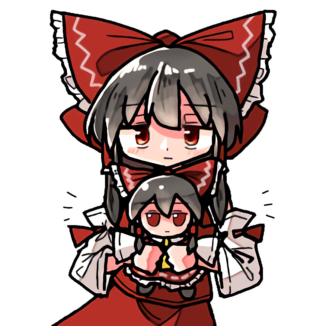 1girl :/ bags_under_eyes black_hair bow closed_mouth cowboy_shot doll dot_nose dress expressionless fumo_(doll) hakurei_reimu holding holding_doll japanese_clothes kasuya_baian large_bow light_blush miko red_bow red_dress red_eyes solo touhou upper_body white_background