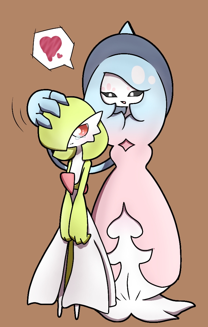 2girls absurdly_long_hair black_sclera blue_hair blue_headwear blush bob_cut brown_background closed_mouth colored_sclera colored_skin commentary_request eye_contact flat_chest full_body gardevoir gradient_hair green_hair green_skin hair_over_one_eye hand_on_another's_head hat hatterene heart interspecies light_blush long_hair looking_at_another looking_back motion_lines multicolored_hair multicolored_skin multiple_girls one_eye_covered open_mouth own_hands_together pink_hair pokemon pokemon_(creature) prehensile_hair red_eyes short_hair sidelocks simple_background speech_bubble split_mouth spoken_heart standing tears two-tone_hair two-tone_skin v_arms very_long_hair white_eyes white_skin witch_hat yuri yuri_(pixiv_76483886)