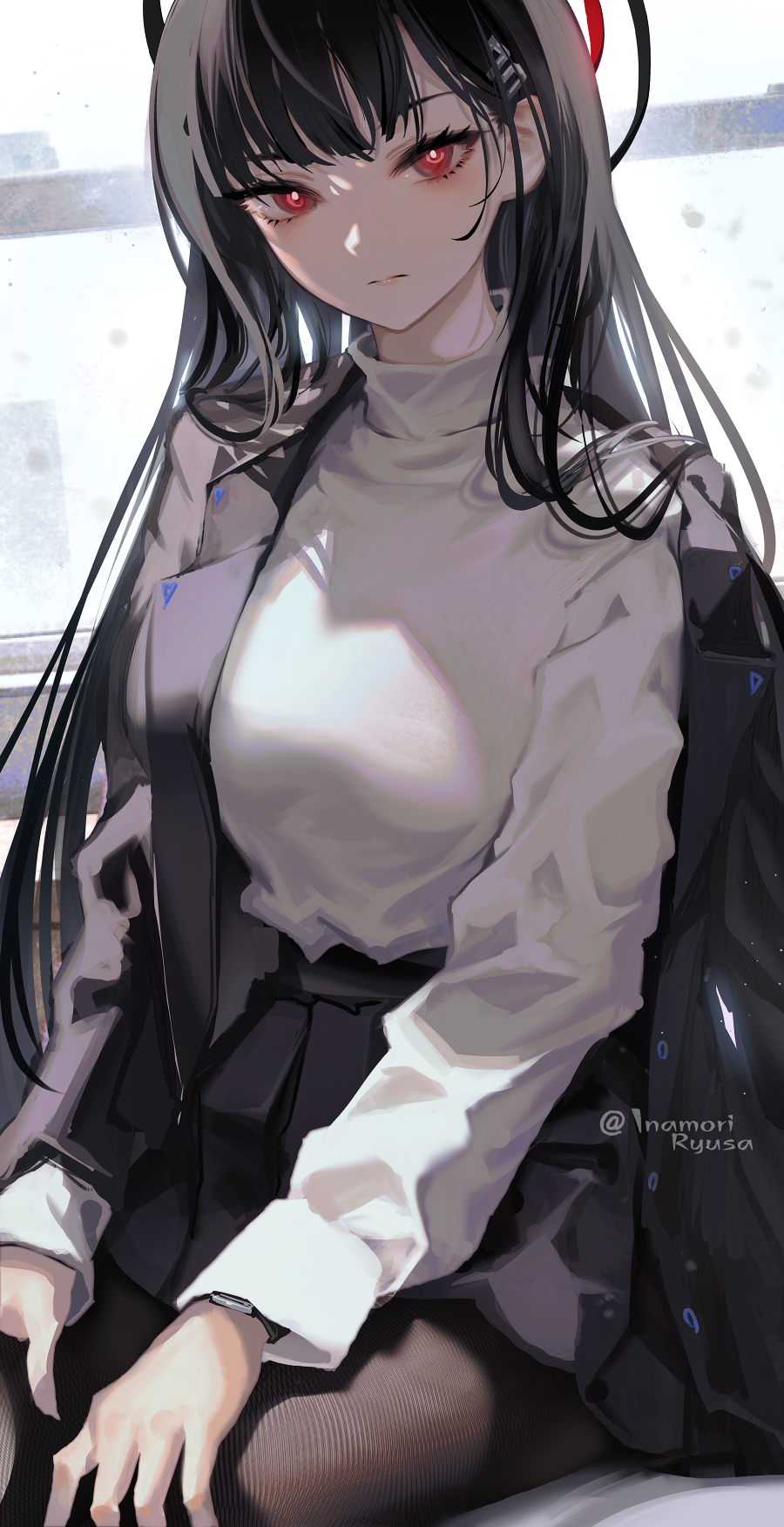 1girl black_coat black_hair blue_archive coat halo highres inaeda_kei red_eyes rio_(blue_archive) solo sweater thigh-highs turtleneck turtleneck_sweater white_sweater