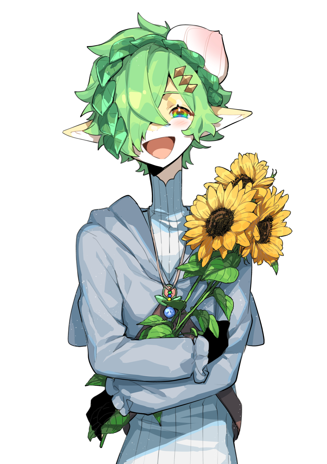 black_gloves bouquet colored_skin flower gloves green_eyes green_hair grey_hoodie hair_over_one_eye highres holding holding_bouquet hood hoodie jewelry leaf long_sleeves looking_at_viewer necklace open_mouth pointy_ears short_hair smile sunflower yadayada yellow_skin