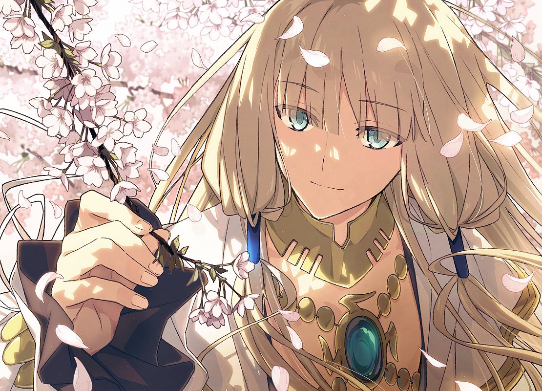 1boy aqua_eyes blonde_hair branch cherry_blossoms closed_mouth fate/grand_order fate_(series) gem grey_eyes hair_between_eyes jewelry long_hair long_sleeves male_focus neck_ring noah_(fate) robe sidelocks smile solo upper_body very_long_hair white_robe yuuki10614