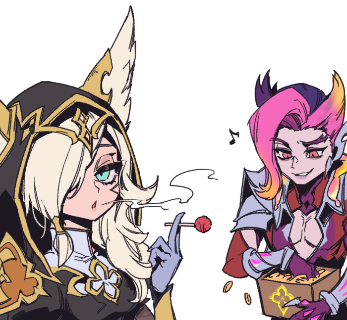 1boy 1girl blonde_hair breasts broken_covenant_rakan broken_covenant_xayah candy coin detached_sleeves ears_through_headwear food gloves grey_eyes hair_over_one_eye hand_up holding holding_candy holding_food holding_lollipop hood hood_up league_of_legends lollipop long_hair looking_at_viewer medium_breasts multicolored_hair musical_note orange_hair phantom_ix_row pink_gloves pink_hair purple_hair rakan_(league_of_legends) red_eyes simple_background smile teeth white_background xayah