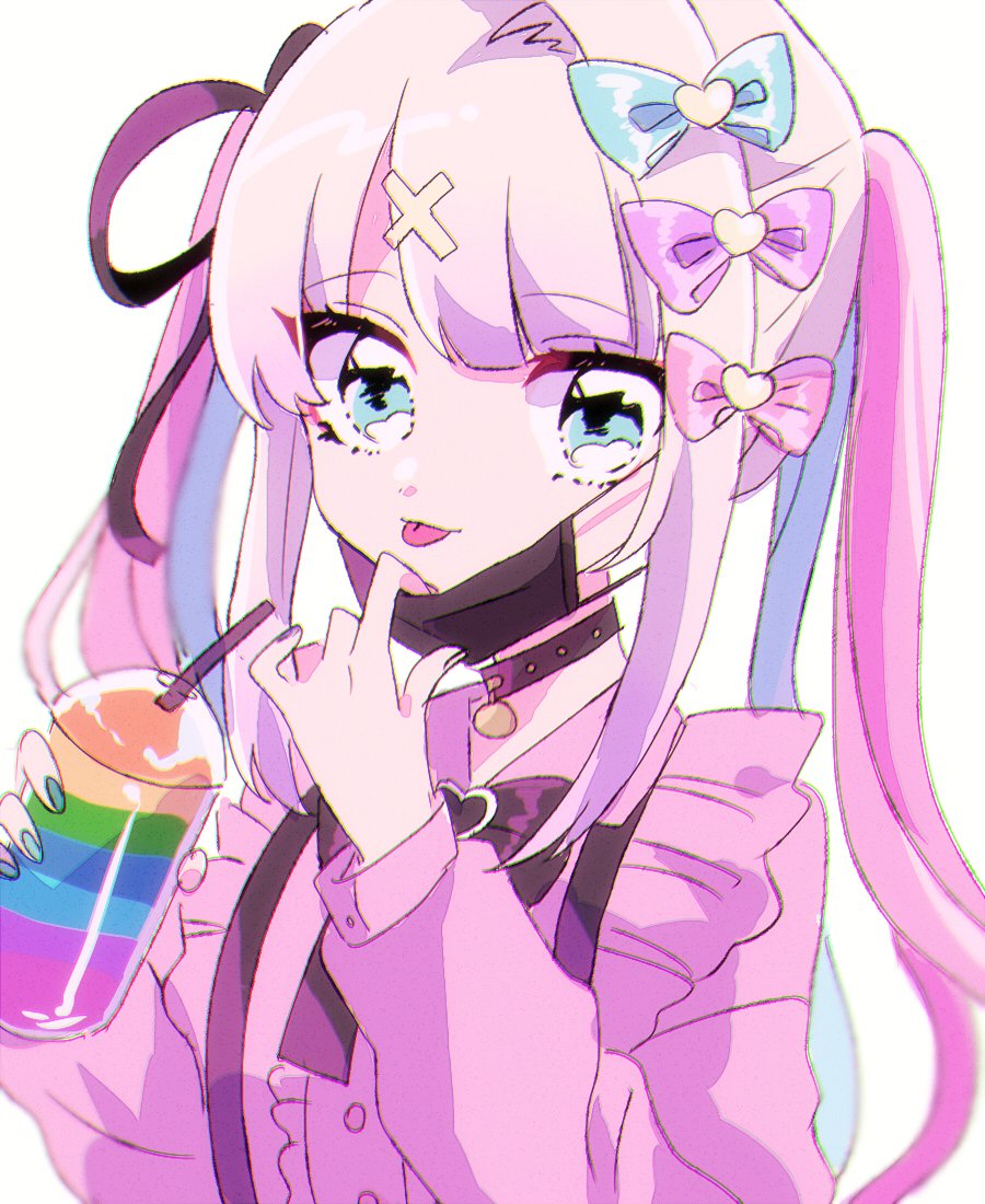 1girl black_bow black_choker blonde_hair blouse blue_bow blue_eyes blue_hair blue_nails bow choker chouzetsusaikawa_tenshi-chan collared_shirt cup disposable_cup drinking_straw frilled_shirt frills hair_bow holding holding_cup holding_mask jirai_kei long_hair long_sleeves looking_at_viewer mask mizumi_(mizmi) mouth_mask multicolored_hair multiple_hair_bows needy_girl_overdose official_alternate_costume official_alternate_hairstyle pink_bow pink_hair pink_shirt purple_bow ribbon shirt simple_background smile solo surgical_mask tongue tongue_out twintails upper_body white_background