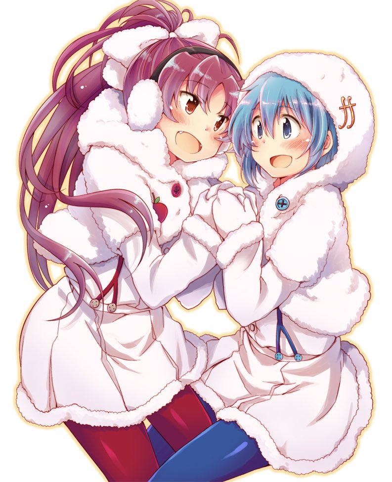 2girls :d apple blue_eyes blue_hair blue_pantyhose bow buttons capelet earmuffs fangs floating_hair food fortissimo fruit hair_bow hair_ornament holding_hands hood long_hair mahou_shoujo_madoka_magica miki_sayaka mittens multiple_girls musical_note musical_note_hair_ornament open_mouth pantyhose pikachi pleated_skirt ponytail red_eyes red_pantyhose redhead sakura_kyouko short_hair skirt smile suspenders white_bow white_capelet white_mittens winter_clothes