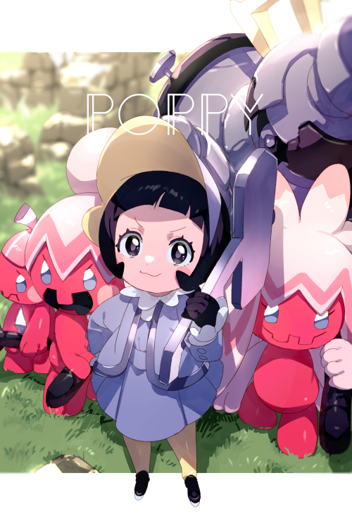 1girl black_footwear black_gloves black_hair blunt_bangs blurry blurry_background blush character_name closed_mouth commentary_request echo_(circa) evolutionary_line gloves grass grey_headwear grey_jacket grey_shirt grey_skirt hand_on_hip hand_up holding jacket open_clothes open_jacket pantyhose pokemon pokemon_(creature) pokemon_(game) pokemon_sv poppy_(pokemon) shirt shoes short_hair skirt smile standing tinkatink tinkaton tinkatuff visor_cap yellow_pantyhose