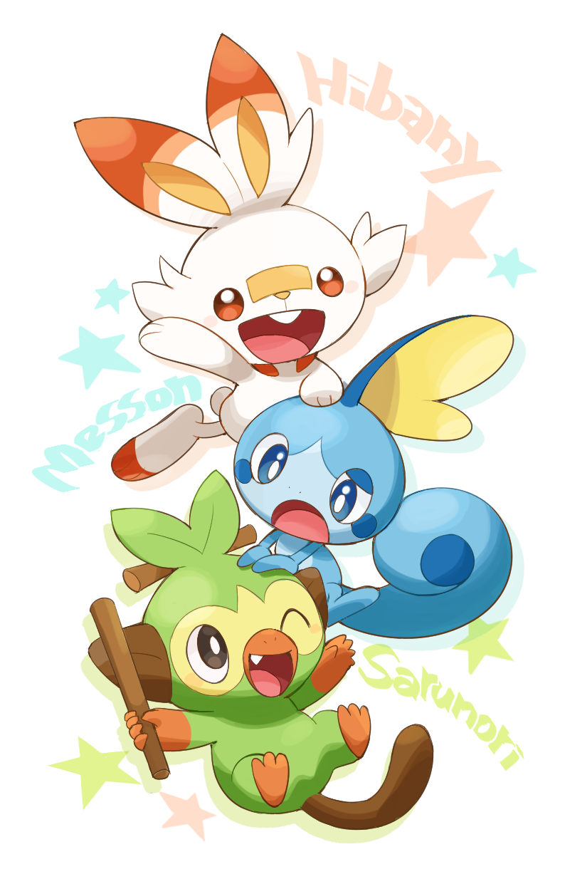 blue_eyes commentary fang grey_eyes grookey hand_on_another's_head hand_up highres holding holding_stick nono_(norabi) one_eye_closed open_mouth orange_eyes pokemon pokemon_(creature) pokemon_(game) pokemon_swsh scorbunny smile sobble starter_pokemon_trio stick