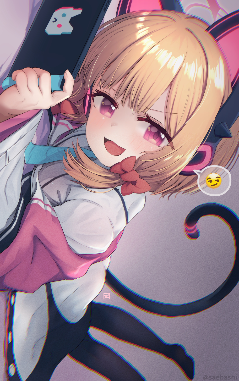 1girl :3 :d animal_ear_headphones animal_ears black_pantyhose blue_archive blunt_bangs cat_ear_headphones cat_tail chromatic_aberration coat collared_shirt commentary_request doyagao fake_animal_ears hair_ribbon halo handheld_game_console head_tilt headphones highres holding holding_handheld_game_console hooded_coat light_brown_hair looking_at_viewer lying momoi_(blue_archive) necktie on_stomach open_clothes open_coat pantyhose parted_bangs red_eyes ribbon saebashi school_uniform shirt short_hair sidelocks smile smug solo spoken_expression tail tress_ribbon