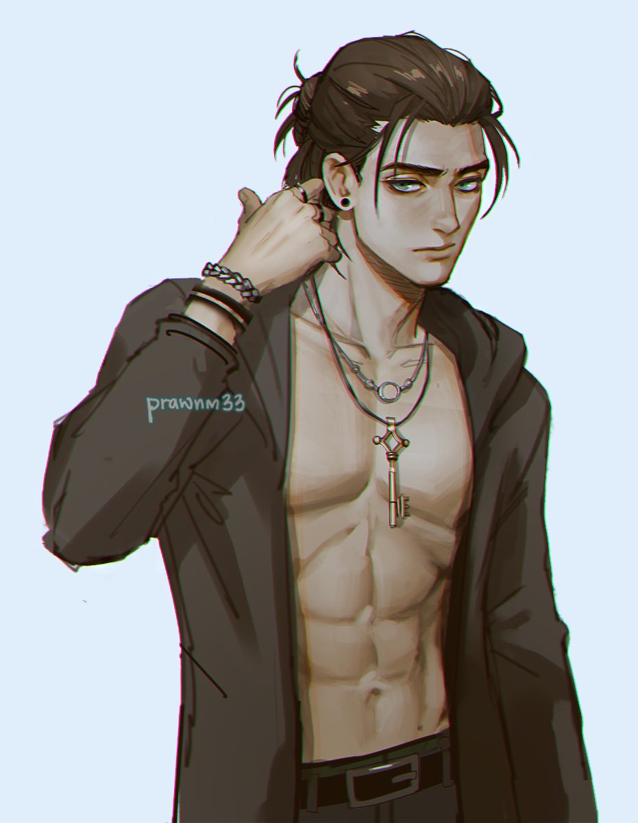 1boy abs belt black_belt blue_eyes bracelet brown_hair closed_mouth coat collarbone ear_piercing eren_yeager hair_bun hand_up highres hood hood_down hooded_coat hoodie jewelry key looking_at_viewer male_focus mistermagnolia multiple_rings muscular muscular_male navel necklace open_clothes pectorals piercing ring shingeki_no_kyojin short_hair simple_background solo standing topless_male twitter_username upper_body white_background