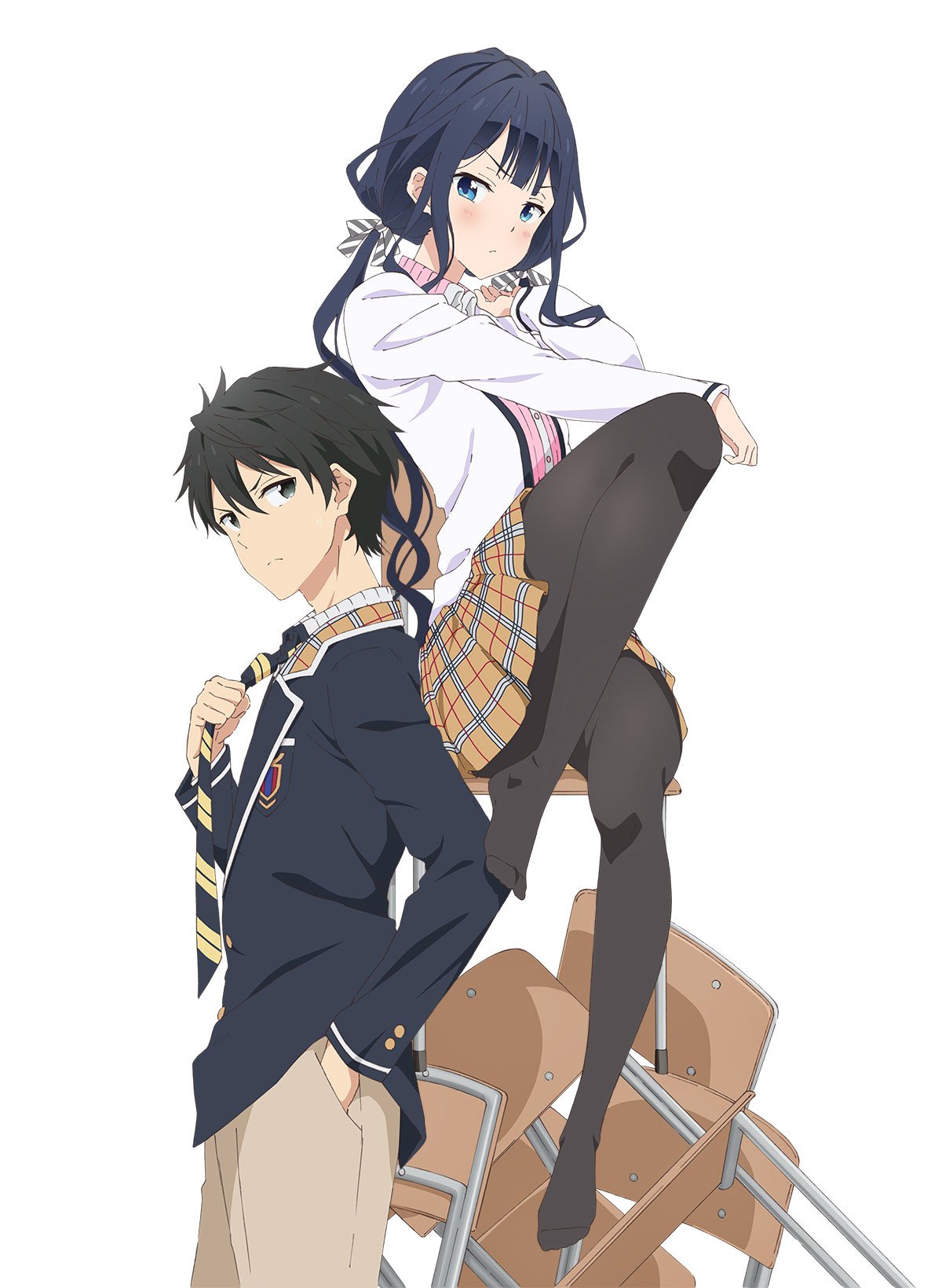 1boy 1girl adagaki_aki black_hair black_pantyhose blue_eyes blue_hair blush bow bowtie brown_skirt dark_blue_hair full_body grey_eyes highres long_hair long_legs long_sleeves looking_at_another low_twintails makabe_masamune masamune-kun_no_revenge official_art pantyhose pink_shirt plaid plaid_skirt school_uniform shirt short_hair sitting skirt standing striped striped_bow striped_bowtie twintails