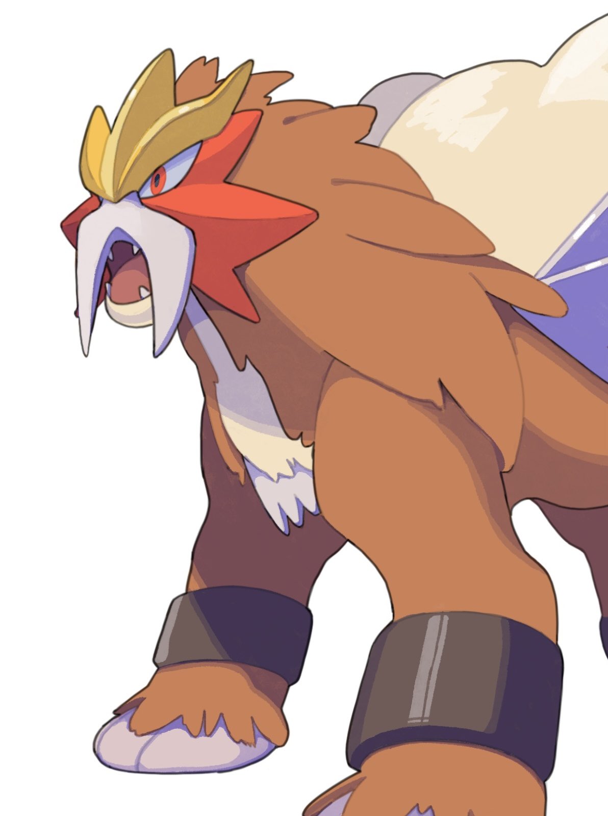 animal_focus brown_fur entei fangs gogot highres no_humans open_mouth pokemon pokemon_(creature) simple_background solo standing tongue white_background