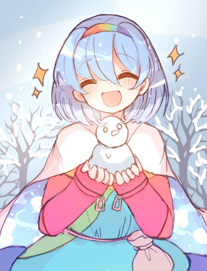 1girl beiebeid blue_hair blush closed_mouth day facing_viewer hairband holding_snowman long_sleeves open_mouth outdoors short_hair smile snow snowman solo tenkyuu_chimata touhou tree