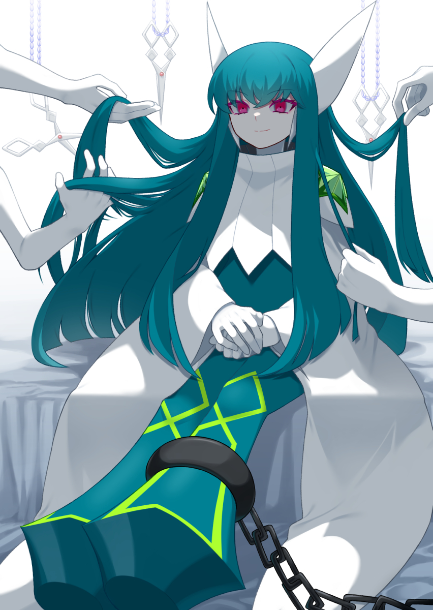 1girl bed chain chained colored_skin eyelashes green_hair highres hitotose9 long_hair mega_man_(series) mega_man_battle_network on_bed own_hands_together playing_with_hair red_eyes sitting slur.exe_(mega_man) smile solo_focus white_skin
