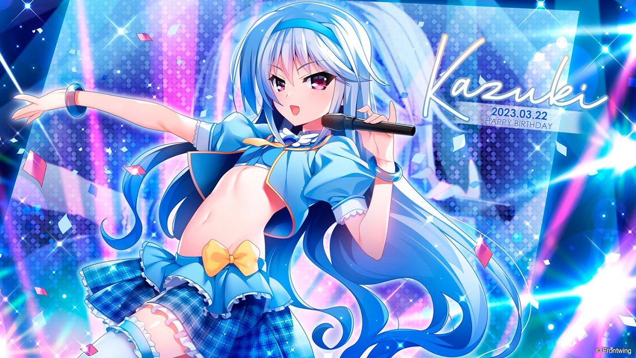 1girl blue_hair confetti frilled_skirt frills fumio_(ura_fmo) grisaia_(series) happy_birthday headband holding holding_microphone idol_clothes kazami_kazuki long_hair microphone midriff official_art outstretched_arm puffy_short_sleeves puffy_sleeves short_sleeves skirt sparkle violet_eyes