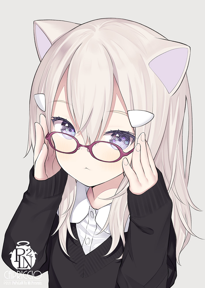 1girl :&lt; adjusting_eyewear animal_ears artist_name black_sweater capriccio cat_ears closed_mouth collared_shirt commentary_request dress_shirt grey_background grey_hair hair_between_eyes hair_ornament hairclip hands_up long_hair long_sleeves looking_at_viewer original purple-framed_eyewear shirt simple_background sleeves_past_wrists solo sweater upper_body violet_eyes white_shirt