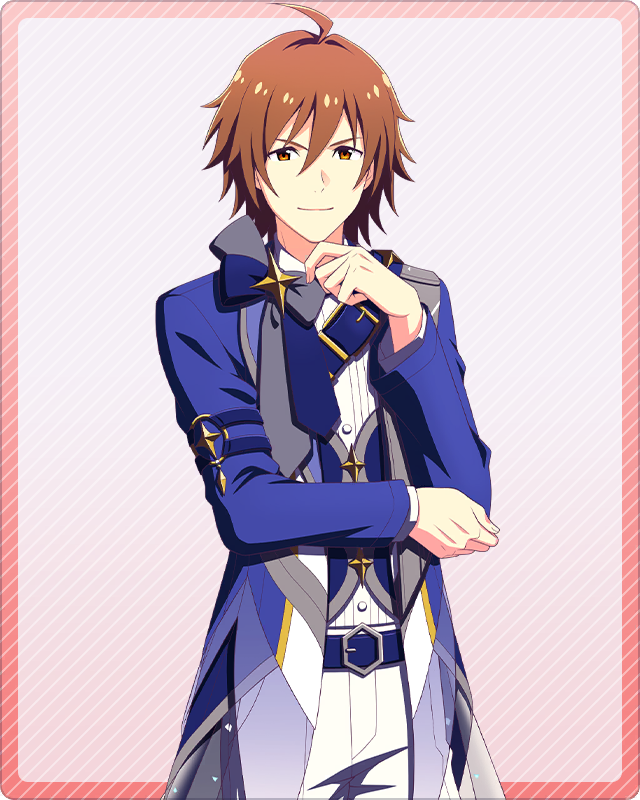 1boy ahoge amagase_touma belt brown_hair finger_to_own_chin fingernails hair_between_eyes idolmaster idolmaster_side-m idolmaster_side-m_growing_stars long_sleeves looking_at_viewer male_focus official_art smile solo