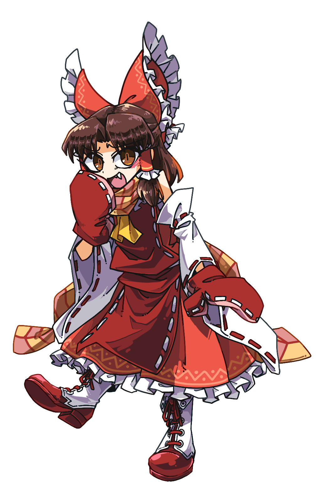 1girl amerika_zarigani ascot benikurage_(cookie) blush boots bow breasts brown_eyes brown_hair cookie_(touhou) detached_sleeves dress fang flat_chest frilled_bow frilled_hair_tubes frills full_body hair_bow hair_tubes hakurei_reimu highres looking_at_viewer medium_hair open_mouth red_bow red_dress red_footwear red_mittens red_shirt red_skirt ribbon-trimmed_sleeves ribbon_trim sarashi shirt sidelocks simple_background skirt skirt_set sleeveless sleeveless_dress sleeveless_shirt slit_pupils smile solo standing touhou transparent_background white_footwear white_sleeves wide_sleeves yellow_ascot