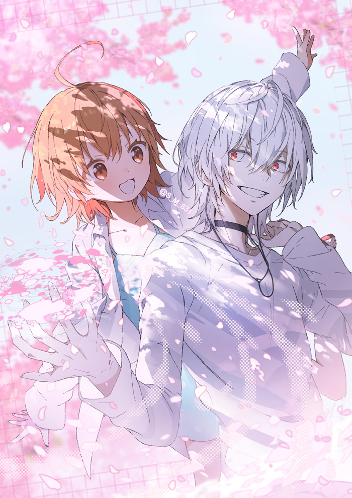 1boy 1girl :d accelerator_(toaru_majutsu_no_index) ahoge black_choker brown_eyes brown_hair cherry_blossoms choker commentary_request grin last_order_(toaru_majutsu_no_index) long_sleeves looking_at_another red_eyes s_m_831 short_hair smile toaru_majutsu_no_index upper_body white_hair