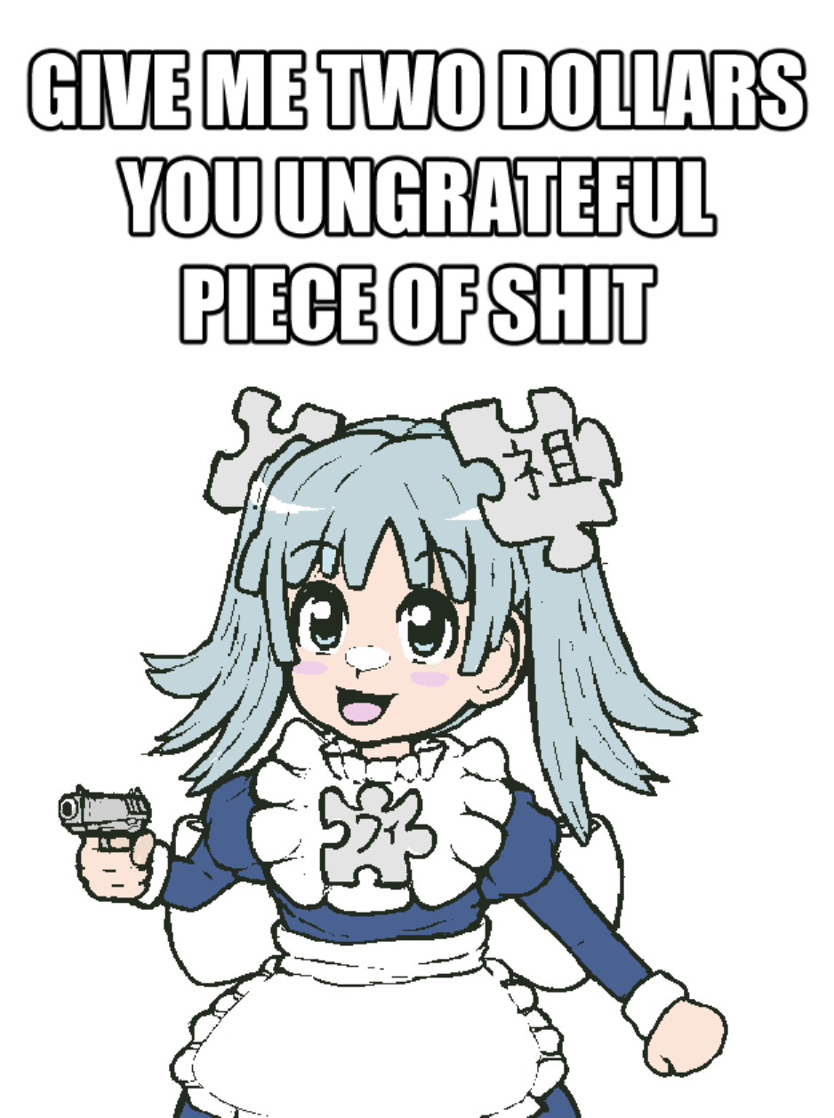 1girl :d apron blue_dress blue_eyes blue_hair blush_stickers clenched_hand commentary dress english_commentary english_text finger_on_trigger gun handgun happy highres holding holding_gun holding_weapon impact_(font) jaggy_lines long_hair long_sleeves maid maid_apron marusketch open_mouth pointing_gun profanity puffy_long_sleeves puffy_sleeves puzzle_piece_hair_ornament simple_background smile solo threat twintails upper_body waist_apron weapon weapon_request white_background wikipe-tan wikipedia