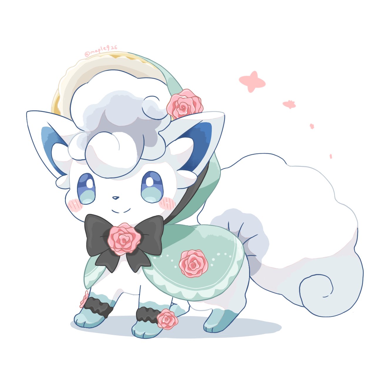 alolan_vulpix black_bow black_bowtie blue_eyes blush_stickers bow bowtie capelet closed_mouth clothed_pokemon commentary floral_print flower full_body highres hood hooded_capelet kana_(maple926) pink_flower pink_rose pokemon pokemon_(creature) pokemon_cafe_mix rose scrunchie smile twitter_username white_background wrist_scrunchie
