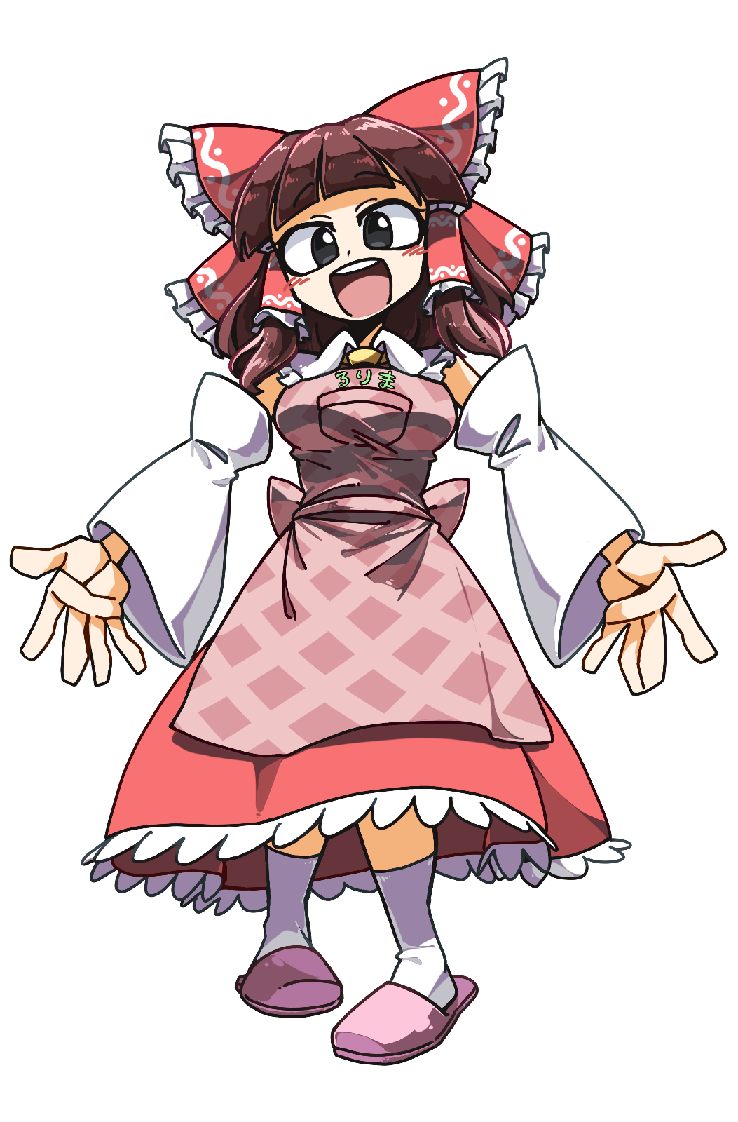 1girl :d amerika_zarigani apron ascot black_eyes blunt_bangs blush bow breasts brown_hair collared_shirt commentary_request cookie_(touhou) detached_sleeves frilled_bow frilled_hair_tubes frilled_shirt_collar frilled_skirt frills full_body hair_bow hair_tubes hakurei_reimu highres long_hair looking_at_viewer medium_breasts open_mouth pink_apron pink_footwear red_bow red_skirt round_teeth rurima_(cookie) shirt sidelocks simple_background skirt sleeveless sleeveless_shirt slippers smile socks solo standing teeth touhou transparent_background upper_teeth_only white_sleeves white_socks wide_sleeves yellow_ascot