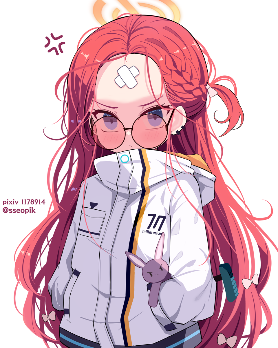 1girl anger_vein bandaid bandaid_on_face bandaid_on_forehead blue_archive blue_eyes bow braid closed_mouth hair_bow halo hands_in_pockets highres jacket long_hair long_sleeves looking_at_viewer pink_bow pixiv_id redhead round_eyewear simple_background solo sseopik sun twitter_username very_long_hair white_background white_jacket yuzu_(blue_archive)