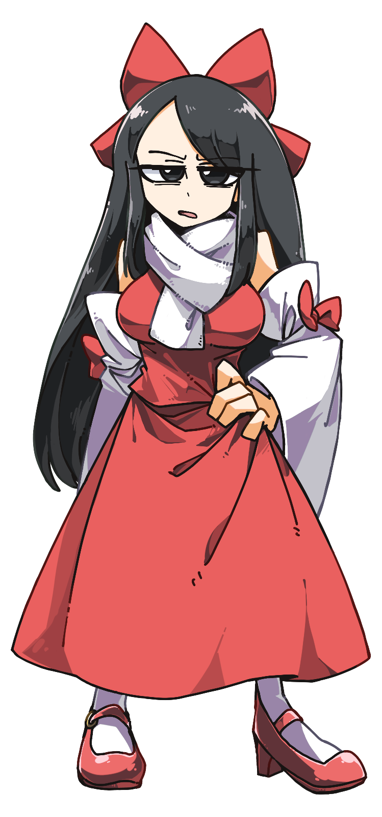 1girl amerika_zarigani black_eyes black_hair bow breasts cookie_(touhou) detached_sleeves forehead full_body hair_bow hakurei_reimu hand_on_hip highres large_breasts long_hair looking_at_viewer mary_janes open_mouth red_bow red_footwear red_shirt red_skirt scarf shiromiya_rei shirt shoes sidelocks simple_background skirt skirt_set sleeve_bow sleeveless sleeveless_shirt socks solo standing swept_bangs touhou transparent_background white_scarf white_sleeves white_socks