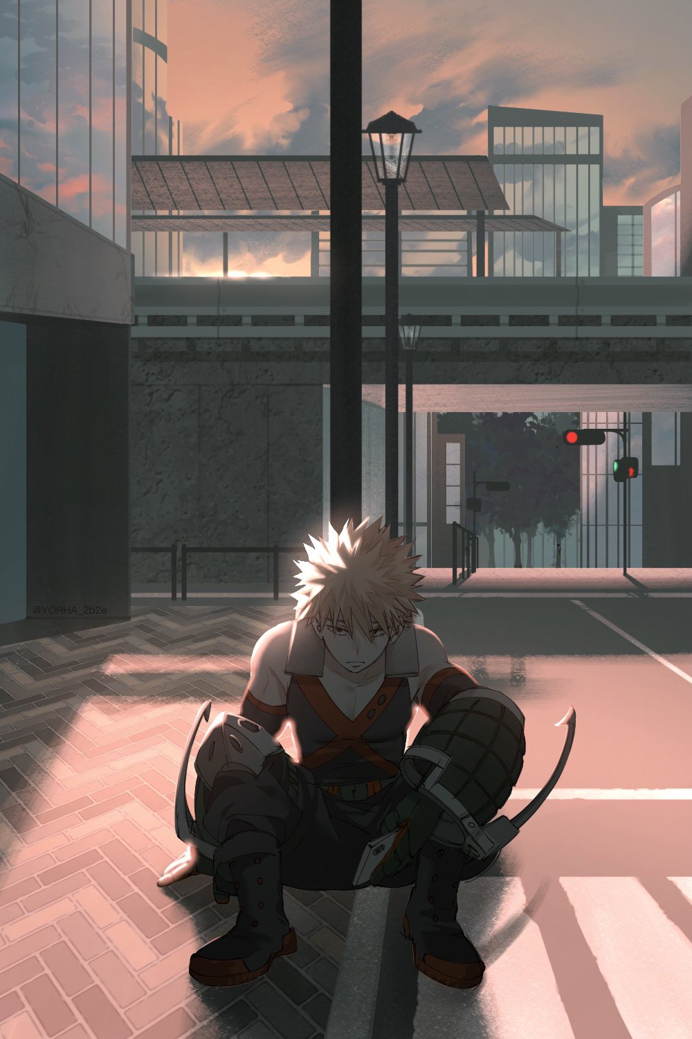 1boy ankle_boots arm_on_knee arm_rest backlighting baggy_pants bakugou_katsuki bare_shoulders belt black_footwear black_pants black_tank_top blonde_hair boku_no_hero_academia boots cellphone city closed_mouth clouds cloudy_sky colored_shoe_soles combat_boots commentary crosswalk detached_sleeves evening glass_wall gloves green_gloves hair_between_eyes hand_on_ground highres holding holding_phone knee_pads knees_up lamppost light looking_at_viewer m_legs male_focus orange_gloves orange_sky outdoors overpass pants pavement pedestrian_lights phone railing red_eyes road sanpaku scenery sett shade shadow short_hair sitting sky sleeveless smartphone solo spiky_hair straight-on street tank_top traffic_light twitter_username two-tone_gloves v-neck x yorha_2b2e