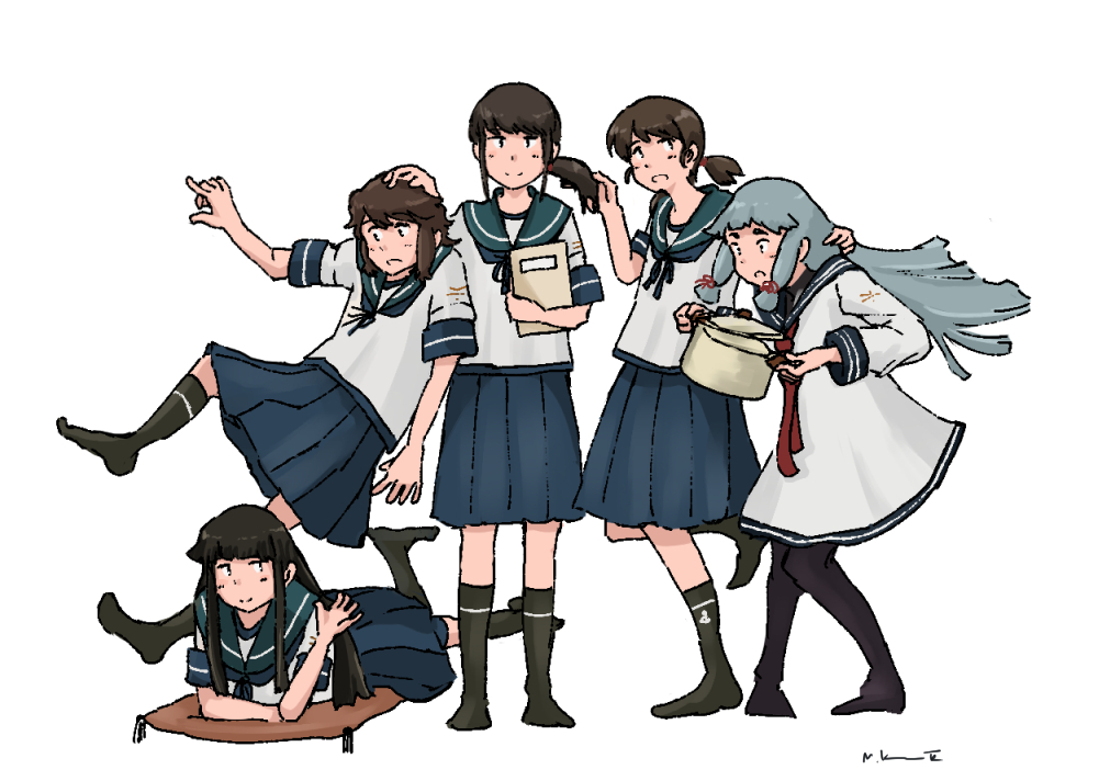 5girls black_hair black_pantyhose black_sailor_collar black_socks blue_sailor_collar blue_skirt blunt_bangs cooking_pot cushion dress fubuki_(kancolle) full_body grey_hair hair_ribbon hatsuyuki_(kancolle) kantai_collection kuragare long_hair low_ponytail lying miyuki_(kancolle) multiple_girls murakumo_(kancolle) on_stomach pantyhose pleated_skirt ribbon sailor_collar sailor_dress sailor_shirt school_uniform serafuku shirayuki_(kancolle) shirt short_eyebrows short_hair short_ponytail sidelocks simple_background skirt socks tress_ribbon white_background white_dress white_shirt