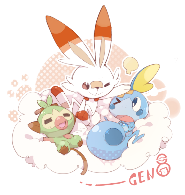 &gt;_o =_= closed_mouth clouds grookey hand_on_another's_head linfi-muu lying on_back one_eye_closed open_mouth pokemon pokemon_(creature) pokemon_(game) pokemon_swsh scorbunny sitting smile sobble starter_pokemon_trio wavy_mouth