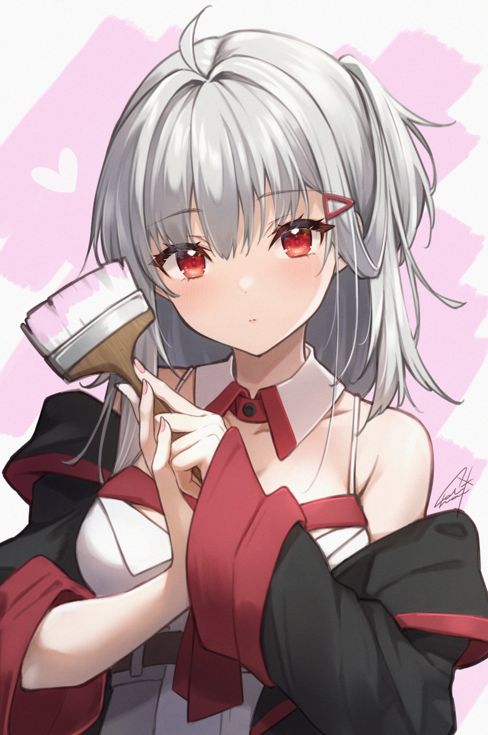 1girl ahoge bare_shoulders black_jacket blush breasts detached_collar expressionless fingernails grey_hair hair_between_eyes highres holding holding_paintbrush indie_virtual_youtuber jacket long_sleeves looking_at_viewer off_shoulder open_clothes open_jacket own_hands_together paintbrush pink_nails red_eyes signature sleeves_past_wrists solo spaghetti_strap triangle_hair_ornament upper_body virtual_youtuber yaki_mayu yaki_mayuru