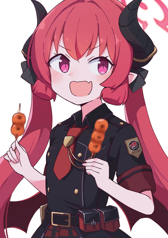 1girl aki_inu black_horns black_ribbon blue_archive dango fang food hair_ribbon halo holding holding_food horns junko_(blue_archive) long_hair mitarashi_dango necktie open_mouth pink_eyes pointy_ears red_necktie red_wings redhead ribbon short_sleeves sidelocks simple_background skin_fang solo twintails very_long_hair wagashi white_background wings