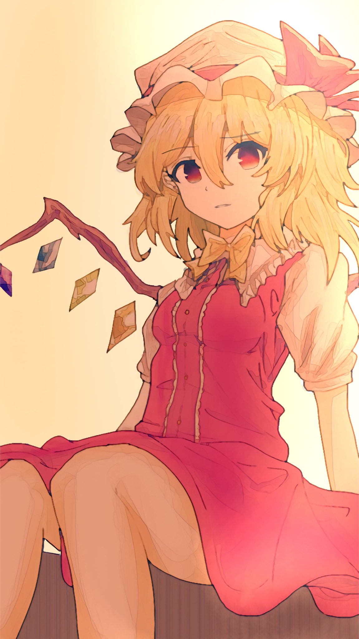 1girl blonde_hair bow bowtie dress expressionless flandre_scarlet hat highres irumina777 legs mob_cap red_dress red_eyes shirt short_sleeves sitting touhou white_headwear white_shirt yellow_background yellow_bow yellow_bowtie