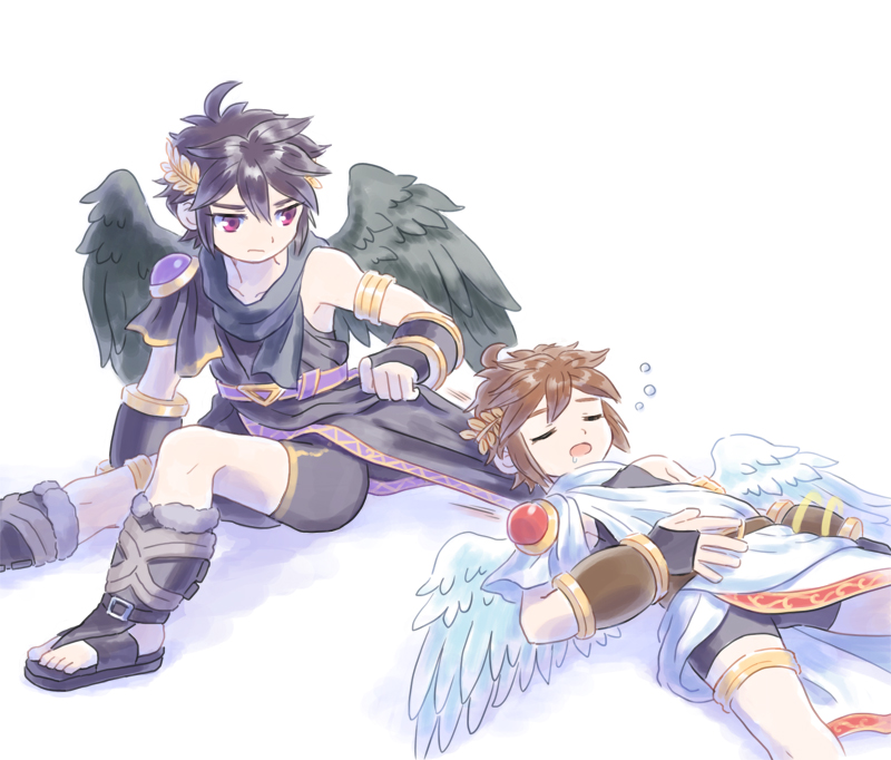 2boys angel angel_wings armband armlet black_hair black_wings brown_hair closed_eyes dark_pit drooling feathered_wings kid_icarus kid_icarus_uprising laurel_crown looking_at_another lying male_focus multiple_boys nopepe pit_(kid_icarus) red_eyes siblings simple_background sitting sleeping twins white_background white_wings wings