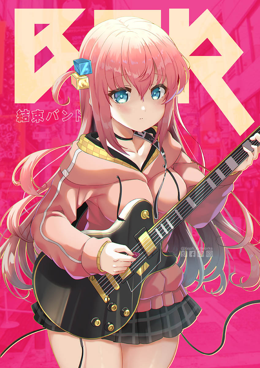 1girl background_text black_skirt blue_eyes bocchi_the_rock! breasts closed_mouth collarbone commentary cube_hair_ornament drawstring electric_guitar gotou_hitori guitar hair_between_eyes hair_ornament highres holding holding_instrument hood hood_down hooded_jacket instrument jacket long_hair long_sleeves looking_at_viewer medium_breasts one_side_up pink_hair pink_jacket pleated_skirt plectrum puffy_long_sleeves puffy_sleeves skirt sleeves_past_wrists solo thick_thighs thighs translation_request twitter_username very_long_hair xephonia