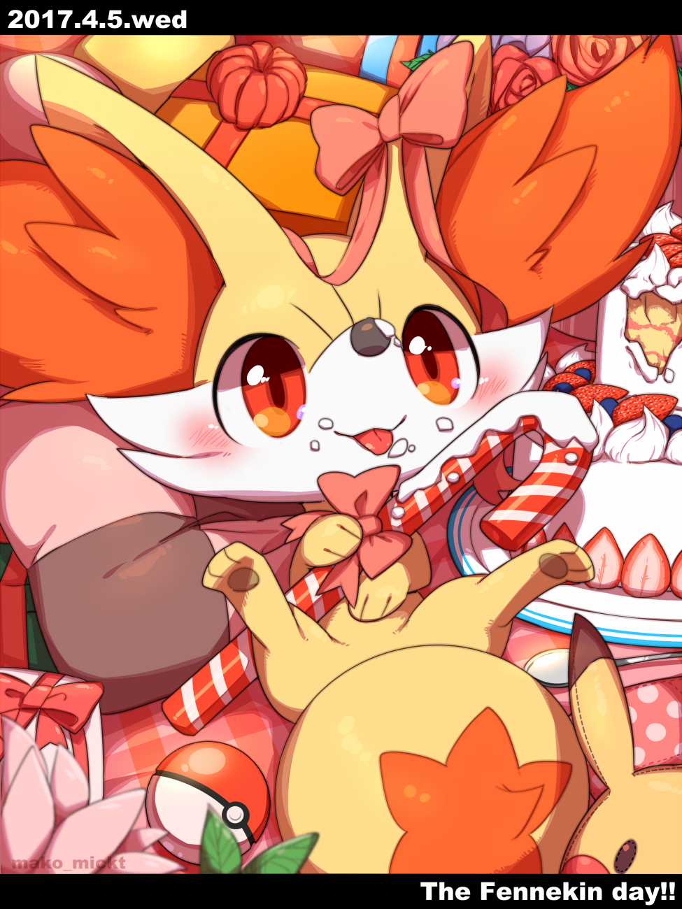 artist_name bow cake candy candy_cane dated fennekin flower food food_on_face gift highres leaf lying makoto_ikemu on_back pikachu pillow poke_ball poke_ball_(basic) pokemon red_eyes rose solo tongue tongue_out