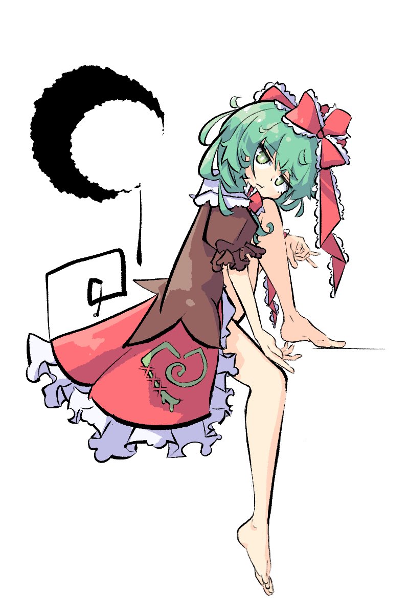 1girl crescent full_body green_eyes green_hair highres kagiyama_hina looking_at_viewer medium_hair one-hour_drawing_challenge primsla red_ribbon red_skirt ribbon simple_background sitting skirt solo touhou white_background