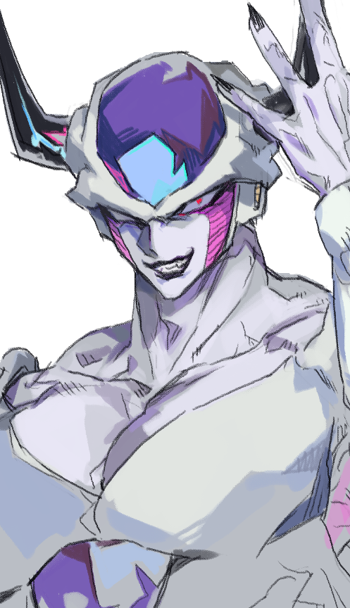 1boy akame_(chokydaum) black_lips black_nails collarbone dragon_ball dragon_ball_z evil_grin evil_smile fingernails frieza grin hand_up horns looking_at_viewer muscular muscular_male pectorals red_eyes sharp_fingernails simple_background smile solo teeth white_background