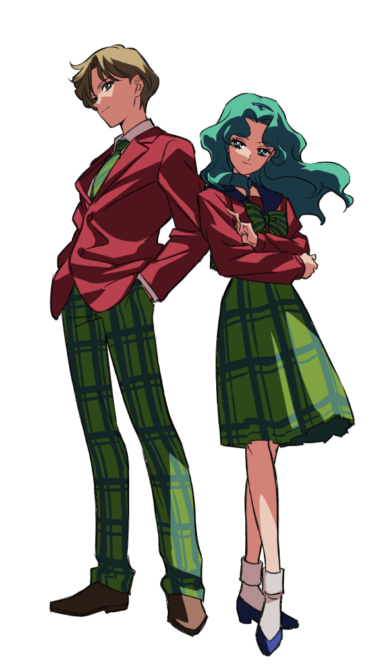 2girls bishoujo_senshi_sailor_moon blonde_hair blue_footwear bow brown_footwear closed_mouth green_bow green_hair green_skirt kaiou_michiru multiple_girls necktie short_hair simple_background skirt smile ten'ou_haruka white_background yoko.u