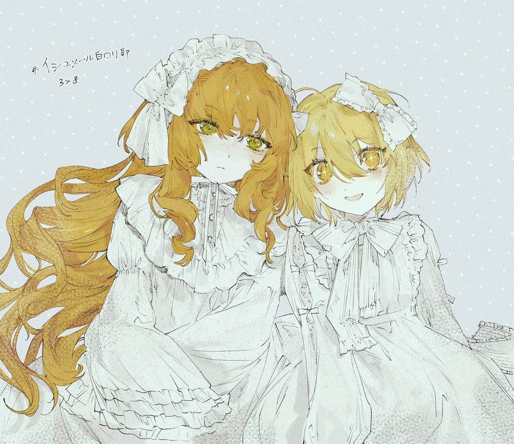 2girls alternate_costume blonde_hair bow closed_mouth commentary don_quixote_(limbus_company) dress freckles frilled_bow frilled_sleeves frills green_eyes hair_bow hairband ishmael_(limbus_company) juliet_sleeves limbus_company lolita_fashion lolita_hairband long_hair long_sleeves meijiichigo multiple_girls neck_ribbon open_mouth orange_hair project_moon puffy_sleeves ribbon short_hair smile sparkling_eyes white_bow white_dress white_ribbon yellow_eyes