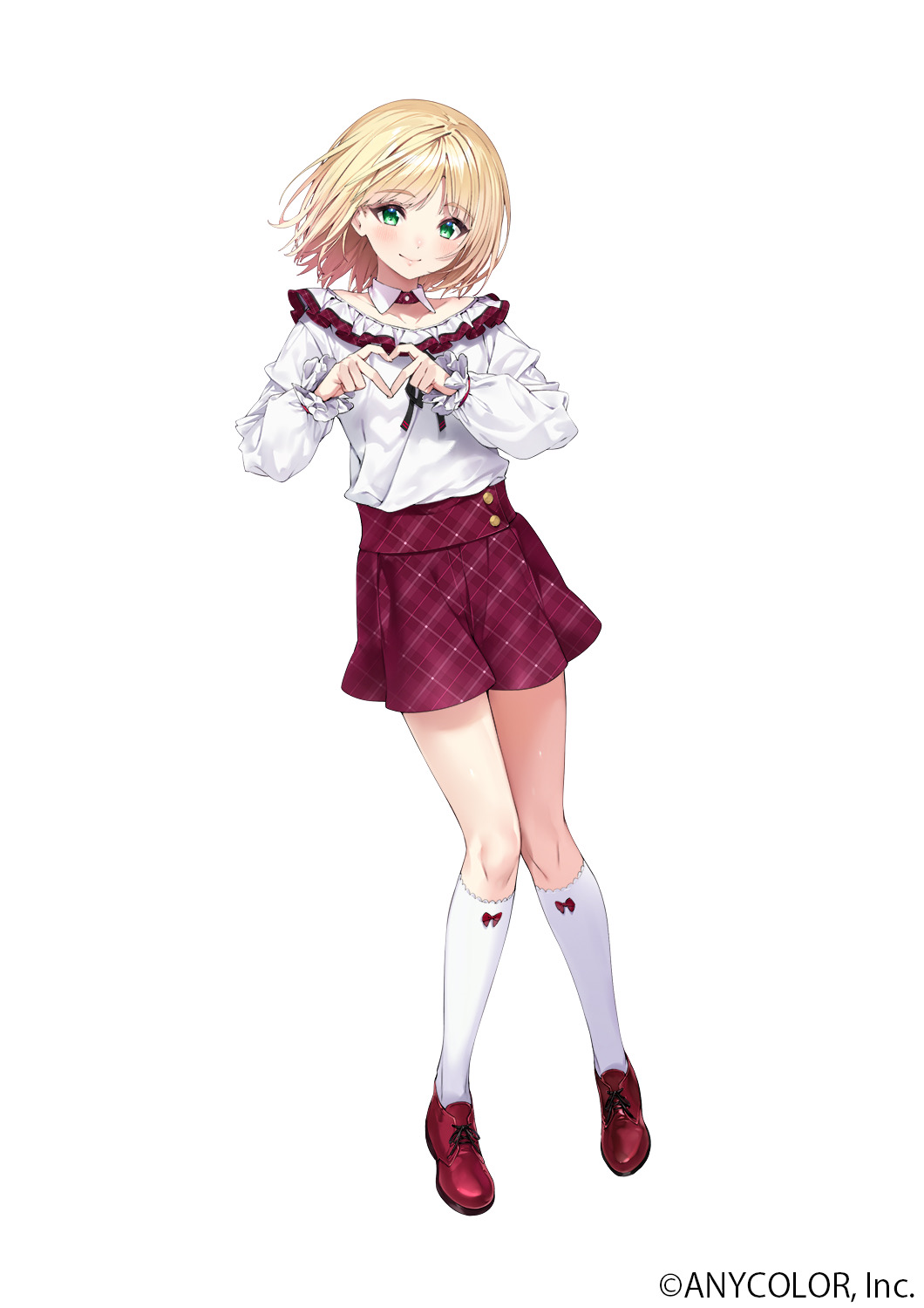 1boy androgynous blonde_hair detached_collar finger_heart full_body green_eyes highres long_sleeves looking_at_viewer male_focus medium_hair nijisanji official_art otoko_no_ko red_skirt shirt skirt smile suzuya_aki virtual_youtuber white_shirt