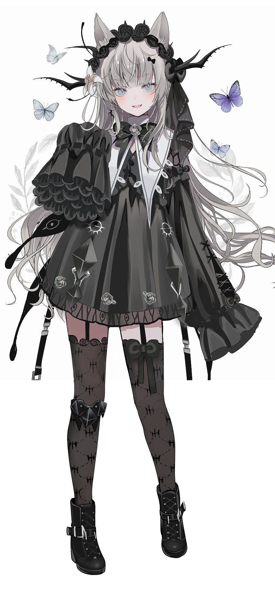 1girl :d animal_ears black_dress black_footwear black_thighhighs boots bug butterfly cat_ears cat_girl chiemo_(xcem) cross-laced_clothes cross-laced_sleeves dress fang flower frilled_sleeves frills full_body garter_straps gothic_lolita grey_eyes grey_hair hair_flower hair_ornament hairband highres lolita_fashion lolita_hairband long_hair long_sleeves looking_at_viewer original simple_background skin_fang sleeves_past_fingers sleeves_past_wrists smile standing thigh-highs very_long_hair white_background
