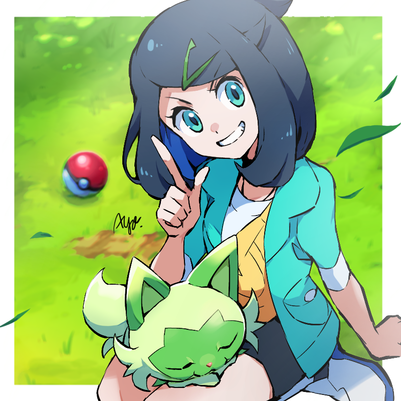 1girl arm_support ayo_(ayosanri009) black_hair black_shorts border commentary_request day eyelashes falling_leaves finger_to_mouth grass green_eyes green_jacket grin hair_ornament hairclip hand_up jacket leaf liko_(pokemon) looking_at_viewer medium_hair on_lap open_clothes open_jacket outdoors poke_ball poke_ball_(basic) pokemon pokemon_(anime) pokemon_(creature) pokemon_on_lap pokemon_sv_(anime) shirt shoes shorts shushing signature sitting sleeping smile sneakers sprigatito teeth white_border white_footwear white_shirt yellow_bag