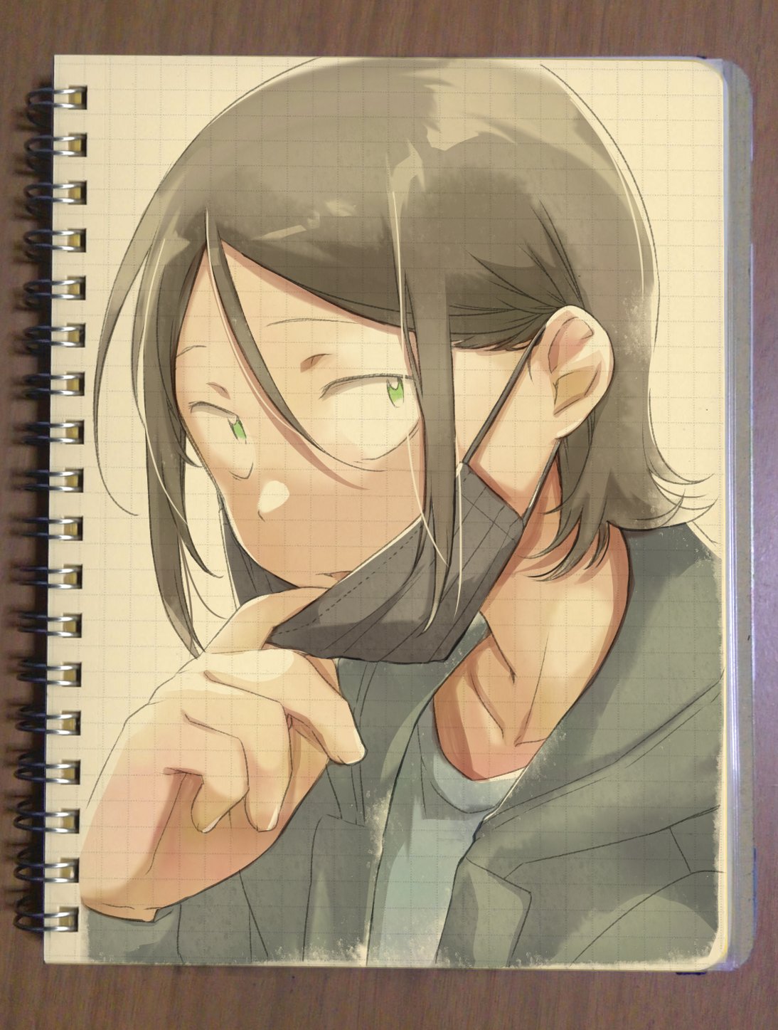 1boy adjusting_mask black_hair black_mask green_eyes hekicha highres kabe_taijin long_sleeves looking_at_viewer male_focus mask mask_pull mouth_mask paripi_koumei parted_lips short_hair surgical_mask traditional_media