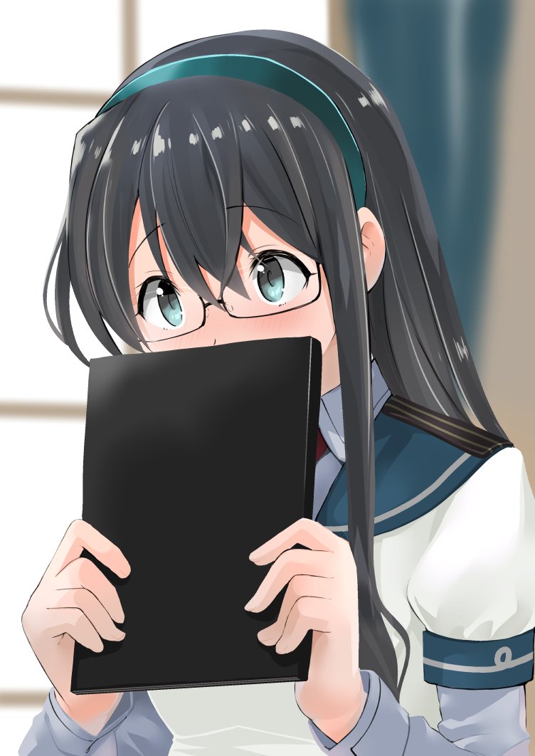 1girl black_hair blinds blue_eyes blush covering_mouth folder glasses hair_between_eyes hairband kantai_collection long_hair long_sleeves masukuza_j military military_uniform ooyodo_(kancolle) school_uniform semi-rimless_eyewear serafuku under-rim_eyewear uniform upper_body window