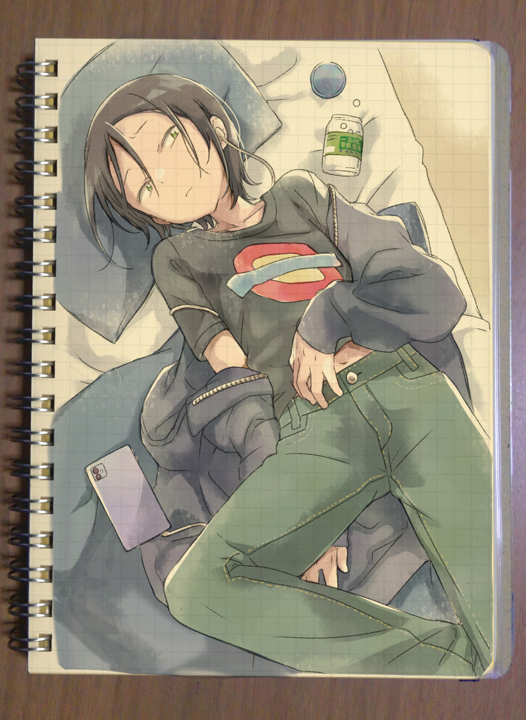 1boy black_hair black_shirt blue_jacket cellphone earphones green_eyes green_pants hekicha highres jacket kabe_taijin long_sleeves looking_at_viewer male_focus medicine_bottle off_shoulder open_clothes open_jacket pants paripi_koumei phone pill pill_bottle pillow shirt short_hair smartphone t-shirt traditional_media